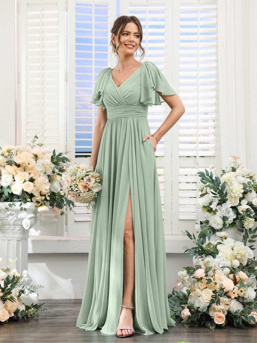 A-Line V-Neck Short Sleeves Split Side Chiffon Bridesmaid Dresses with Pockets Sage