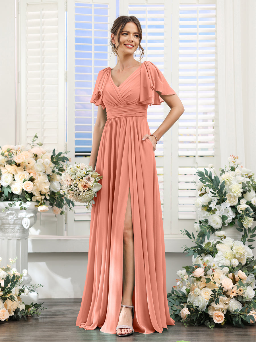 A-Line V-Neck Short Sleeves Split Side Chiffon Bridesmaid Dresses with Pockets Salmon