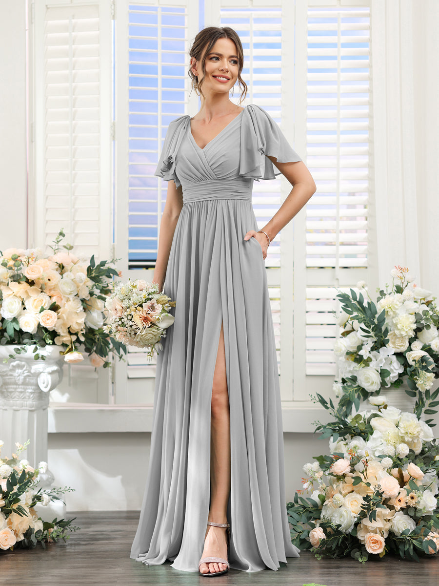 A-Line V-Neck Short Sleeves Split Side Chiffon Bridesmaid Dresses with Pockets Silver