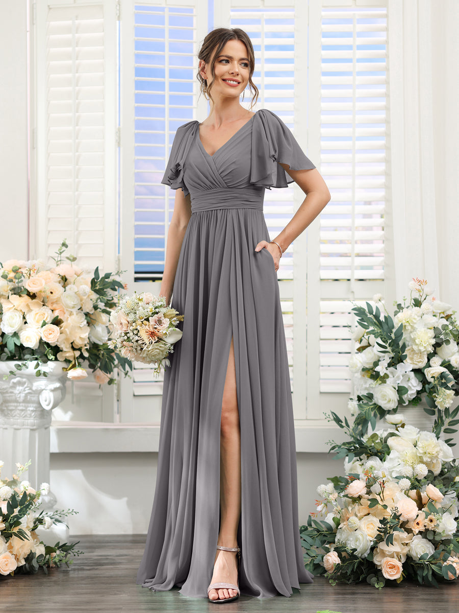 A-Line V-Neck Short Sleeves Split Side Chiffon Bridesmaid Dresses with Pockets Silver Gray