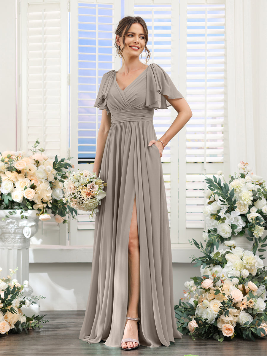 A-Line V-Neck Short Sleeves Split Side Chiffon Bridesmaid Dresses with Pockets Taupe