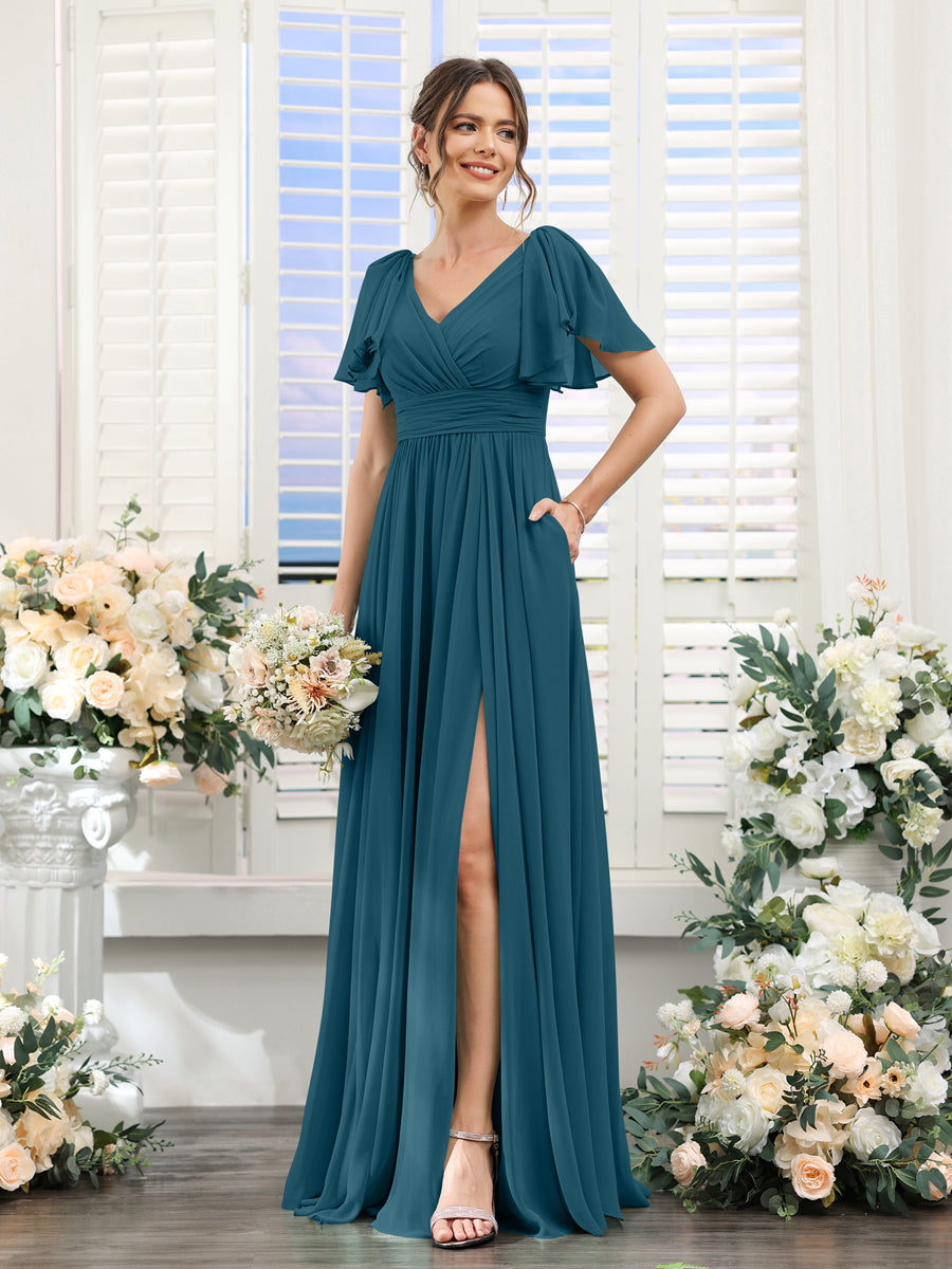 A-Line V-Neck Short Sleeves Split Side Chiffon Bridesmaid Dresses with Pockets Teal