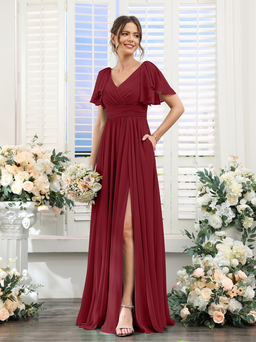 A-Line V-Neck Short Sleeves Split Side Chiffon Bridesmaid Dresses with Pockets Wine Red