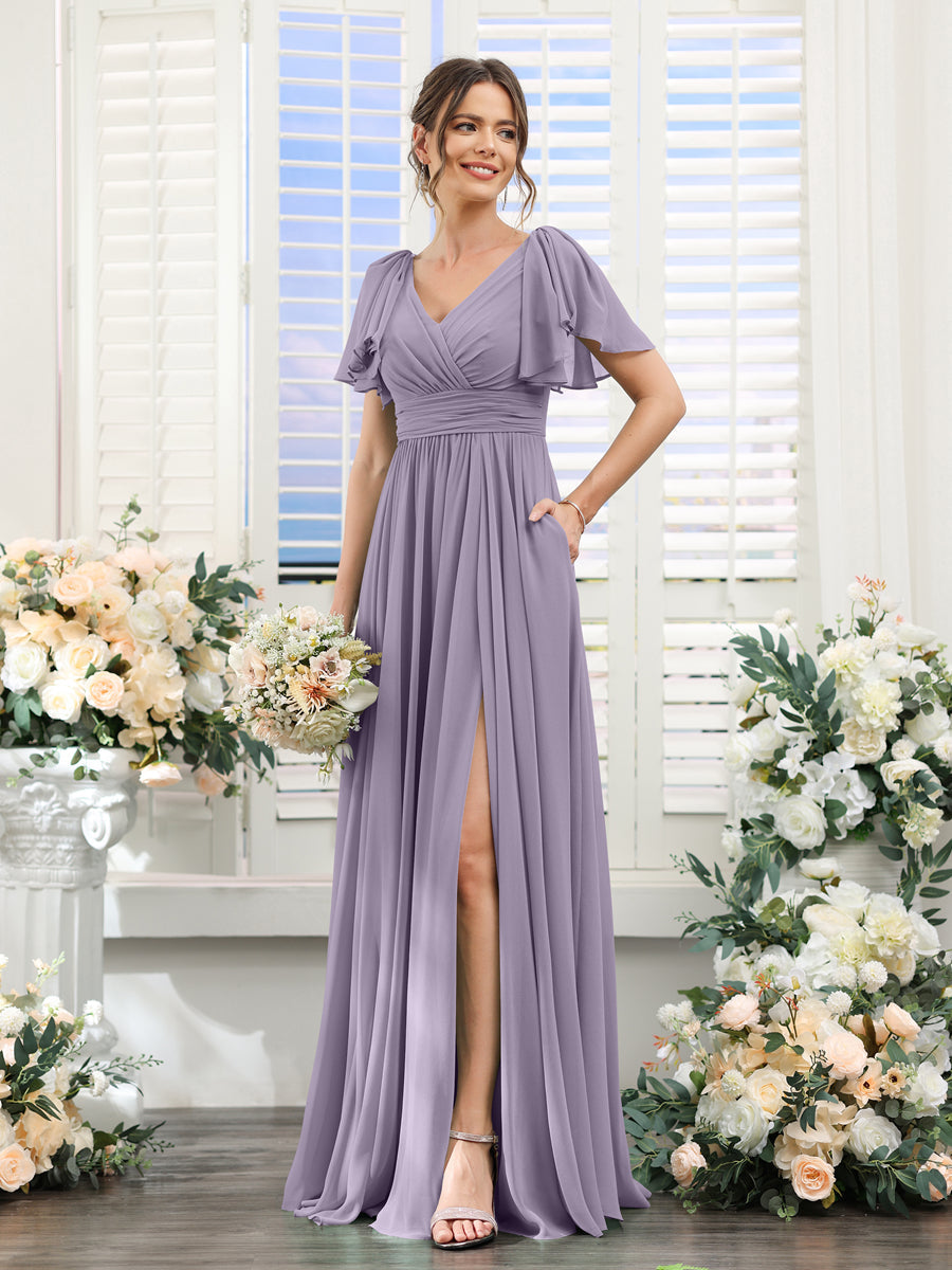 A-Line V-Neck Short Sleeves Split Side Chiffon Bridesmaid Dresses with Pockets Wisteria