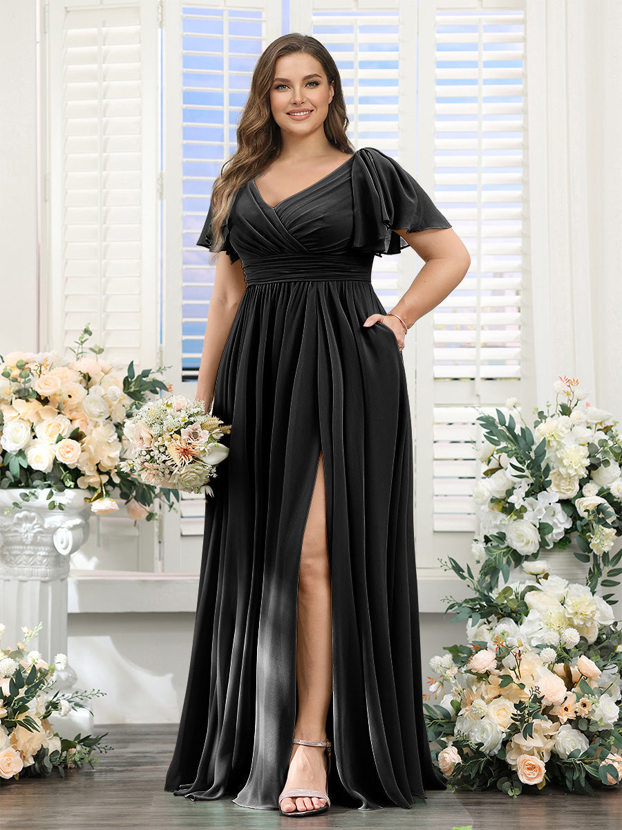 A-Line V-Neck Short Sleeves Split Side Chiffon Plus Size Bridesmaid Dresses with Pockets Black