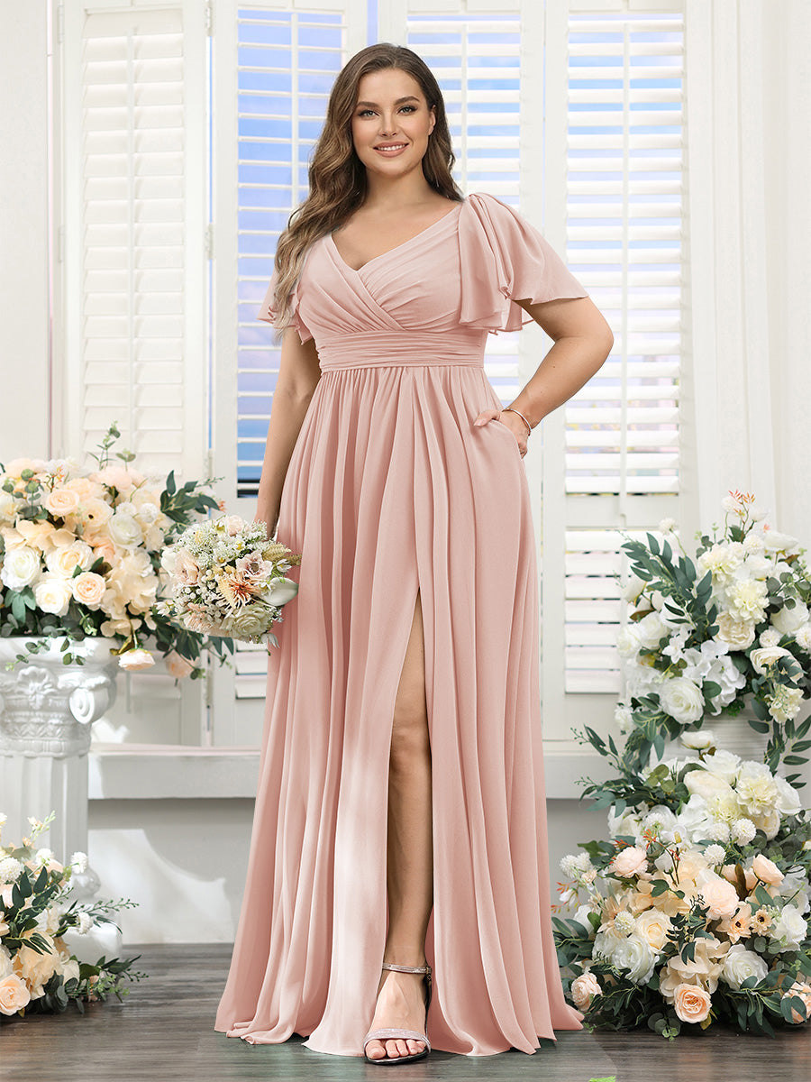 A-Line V-Neck Short Sleeves Split Side Chiffon Plus Size Bridesmaid Dresses with Pockets Blush Pink