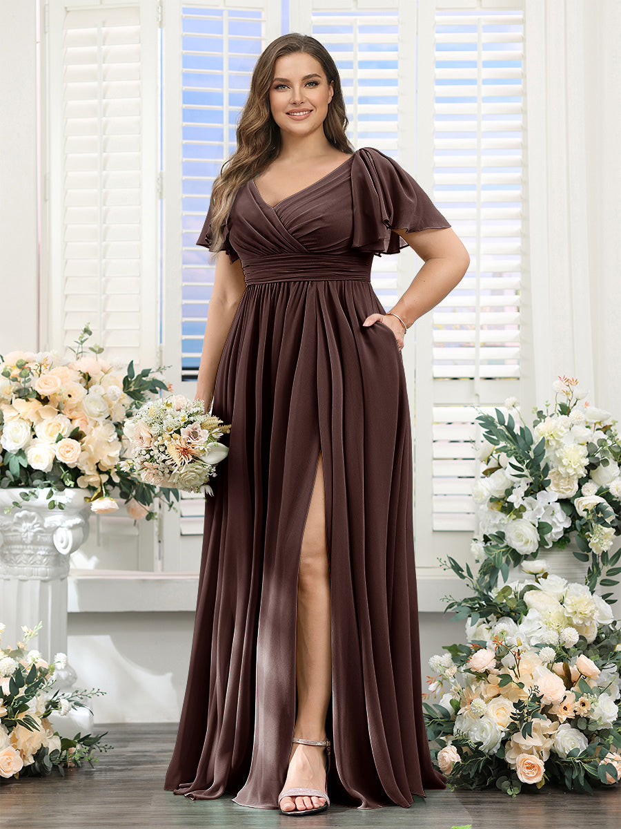 A-Line V-Neck Short Sleeves Split Side Chiffon Plus Size Bridesmaid Dresses with Pockets Brown
