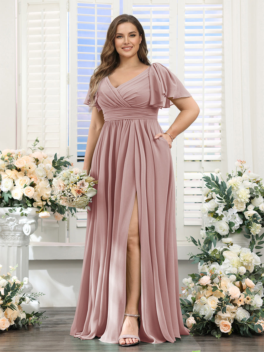 A-Line V-Neck Short Sleeves Split Side Chiffon Plus Size Bridesmaid Dresses with Pockets Dusty Pink