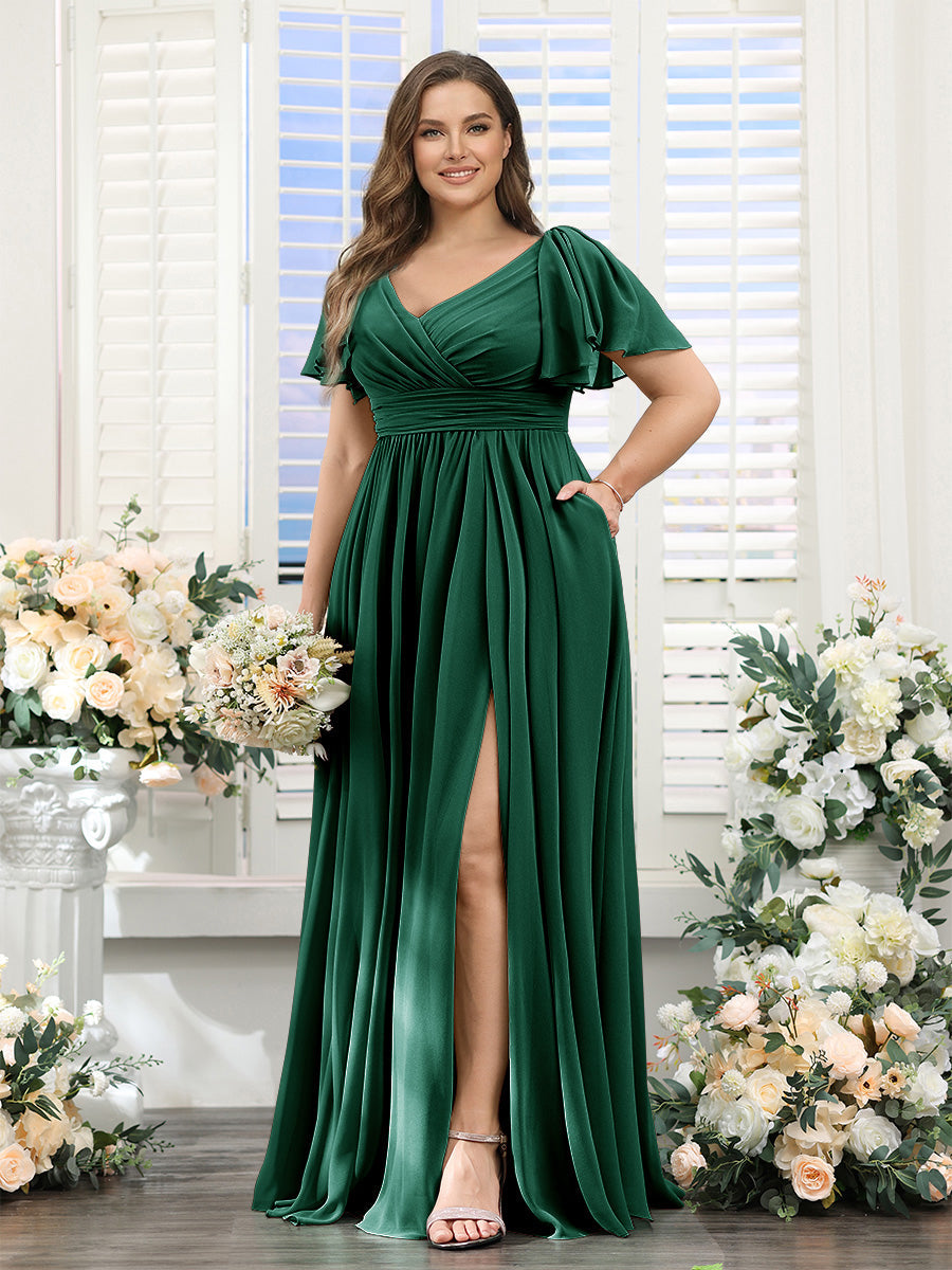 A-Line V-Neck Short Sleeves Split Side Chiffon Plus Size Bridesmaid Dresses with Pockets Emerald