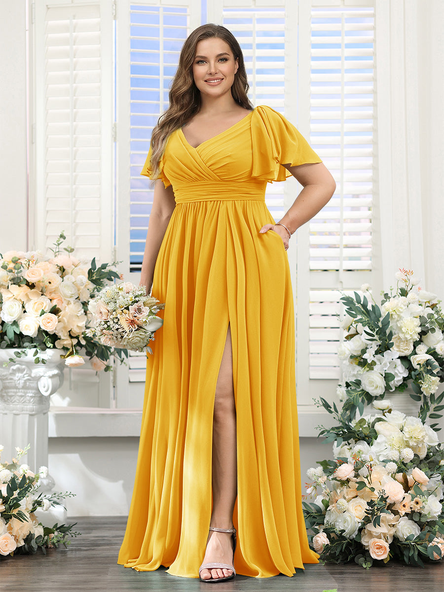 A-Line V-Neck Short Sleeves Split Side Chiffon Plus Size Bridesmaid Dresses with Pockets Gold