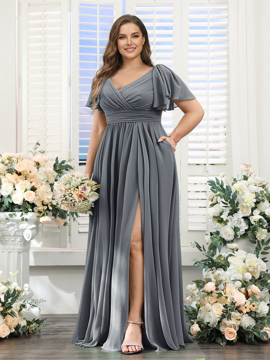 A-Line V-Neck Short Sleeves Split Side Chiffon Plus Size Bridesmaid Dresses with Pockets Gray
