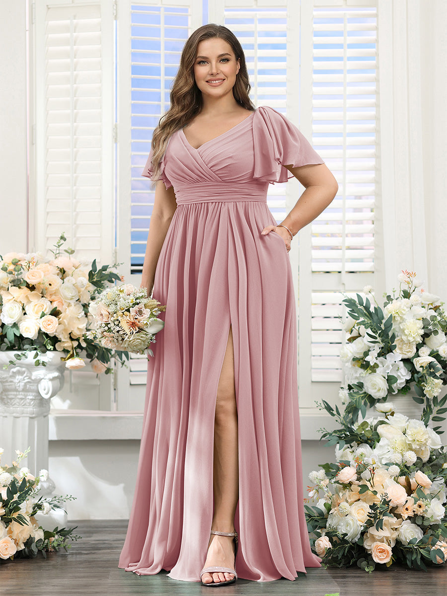 A-Line V-Neck Short Sleeves Split Side Chiffon Plus Size Bridesmaid Dresses with Pockets Mauve