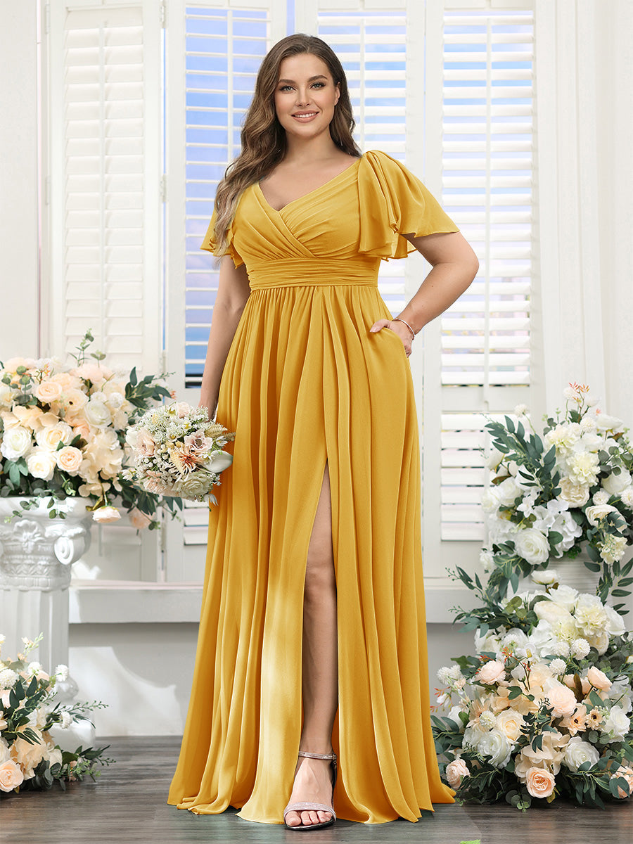 A-Line V-Neck Short Sleeves Split Side Chiffon Plus Size Bridesmaid Dresses with Pockets Mustard Yellow