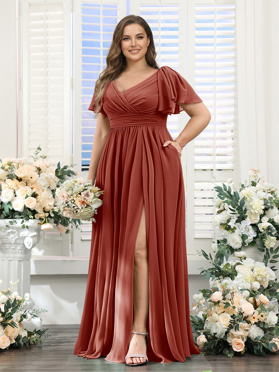 A-Line V-Neck Short Sleeves Split Side Chiffon Plus Size Bridesmaid Dresses with Pockets Rust