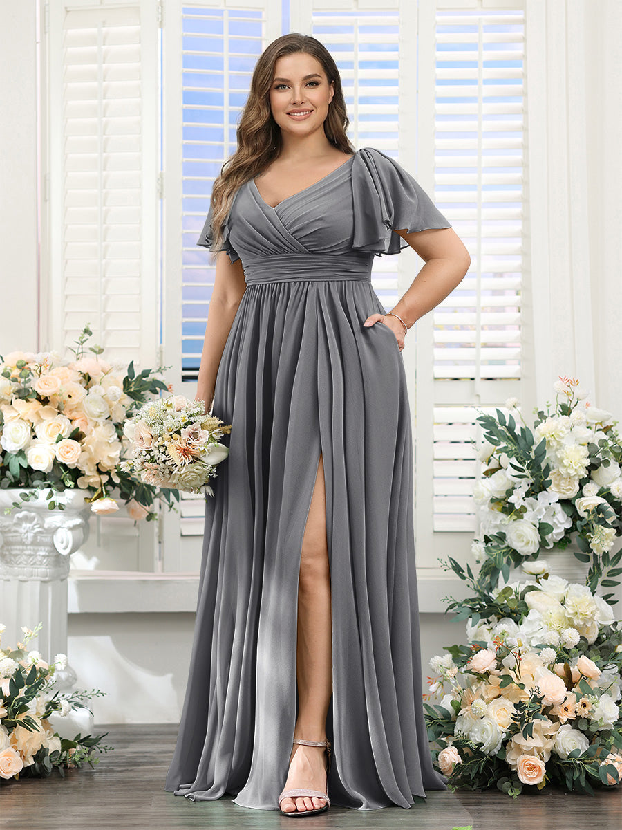 A-Line V-Neck Short Sleeves Split Side Chiffon Plus Size Bridesmaid Dresses with Pockets Silver Gray