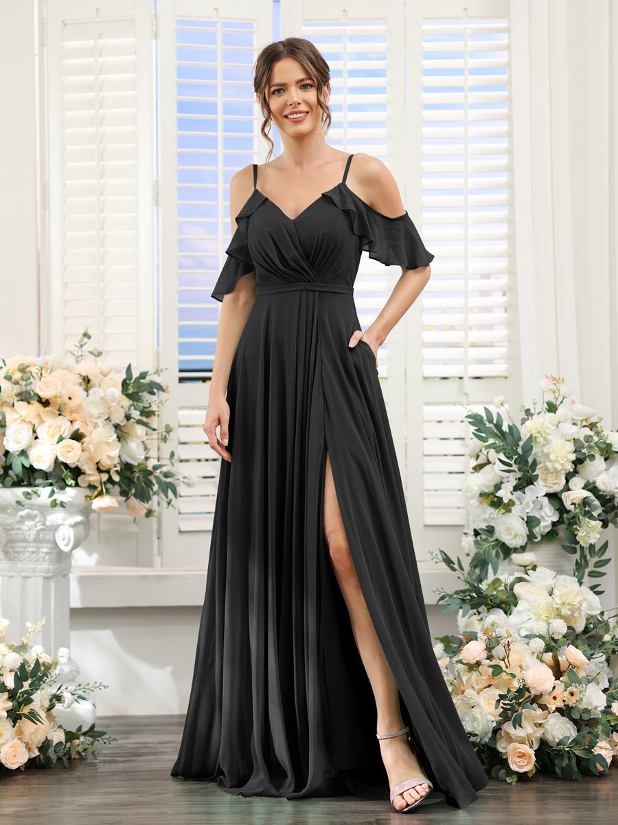 A-Line V-Neck Spaghetti Straps Short Sleeves Split Side Chiffon Bridesmaid Dresses Black