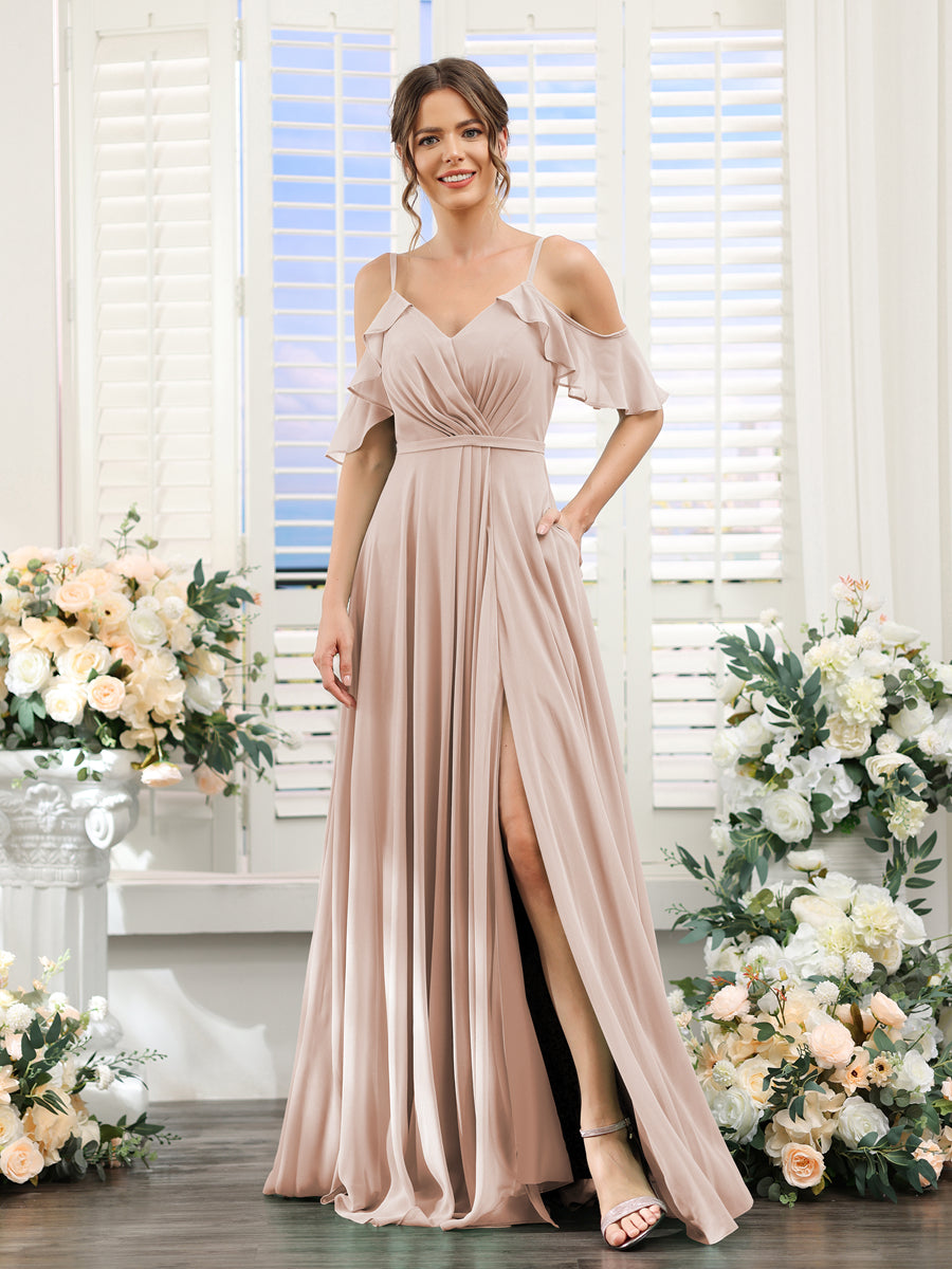 A-Line V-Neck Spaghetti Straps Short Sleeves Split Side Chiffon Bridesmaid Dresses Blush Pink