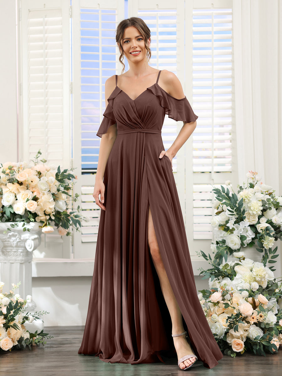 A-Line V-Neck Spaghetti Straps Short Sleeves Split Side Chiffon Bridesmaid Dresses Brown