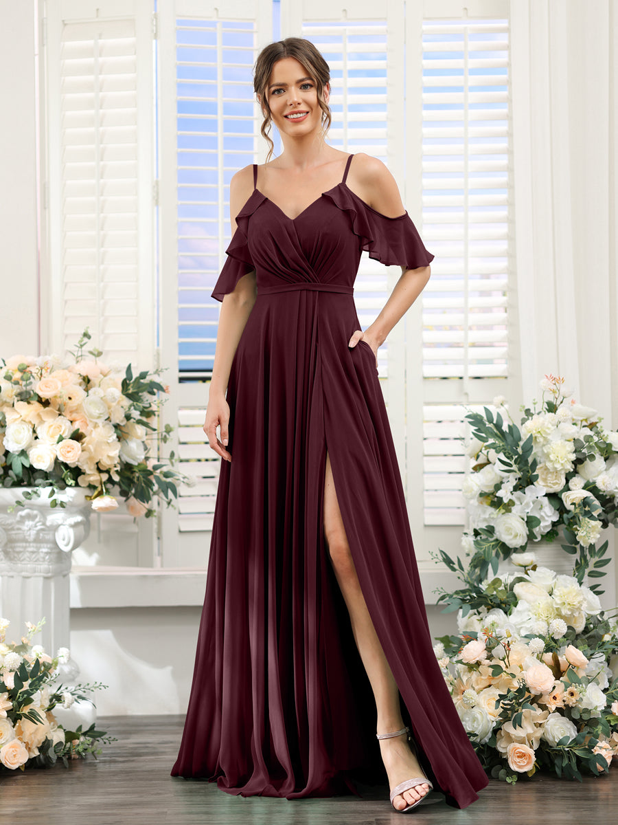 A-Line V-Neck Spaghetti Straps Short Sleeves Split Side Chiffon Bridesmaid Dresses Burgundy