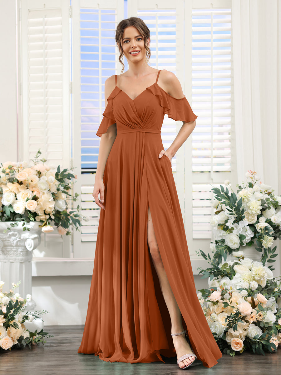 A-Line V-Neck Spaghetti Straps Short Sleeves Split Side Chiffon Bridesmaid Dresses Burnt Orange