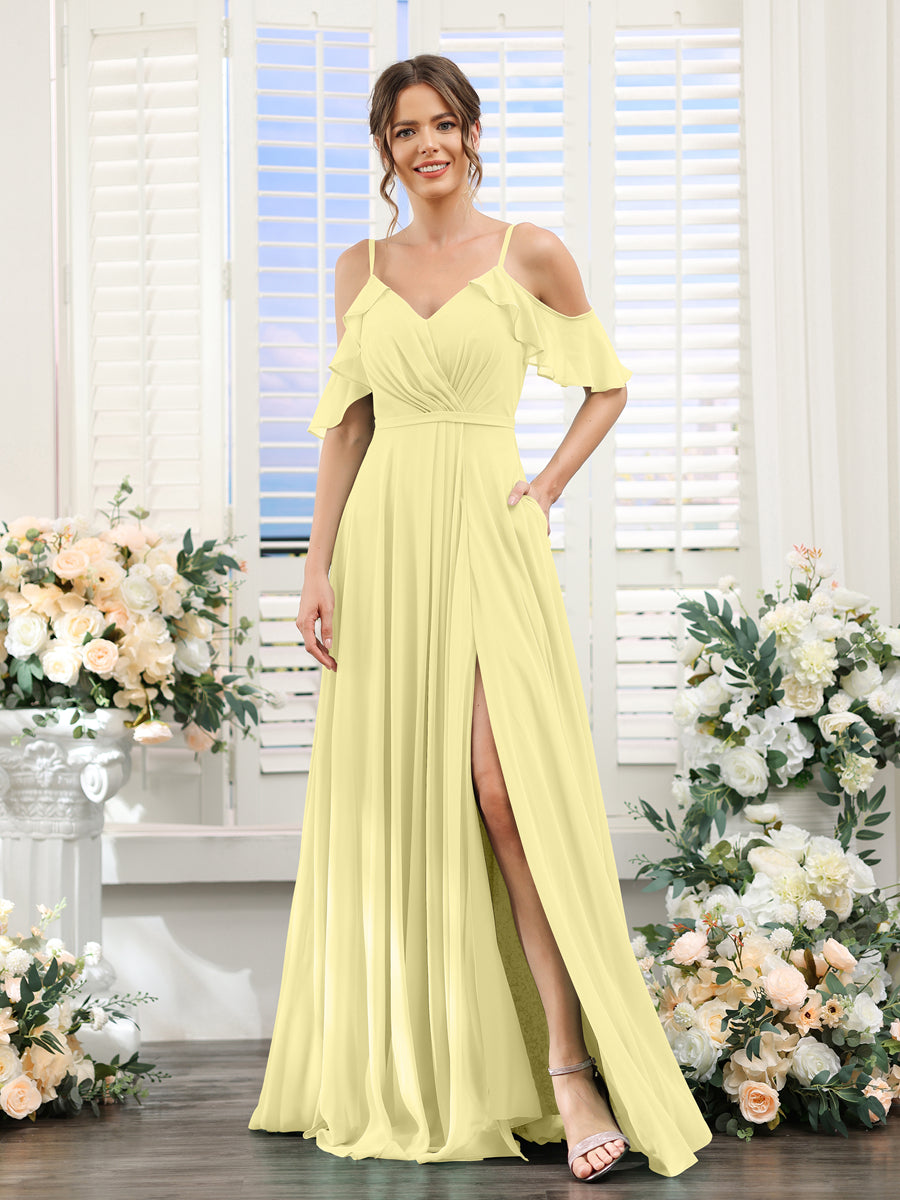 A-Line V-Neck Spaghetti Straps Short Sleeves Split Side Chiffon Bridesmaid Dresses Canary