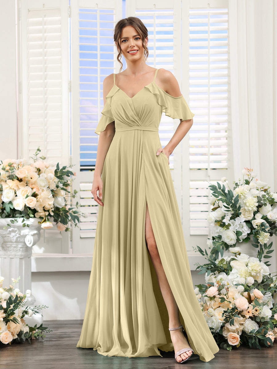 A-Line V-Neck Spaghetti Straps Short Sleeves Split Side Chiffon Bridesmaid Dresses Champagne
