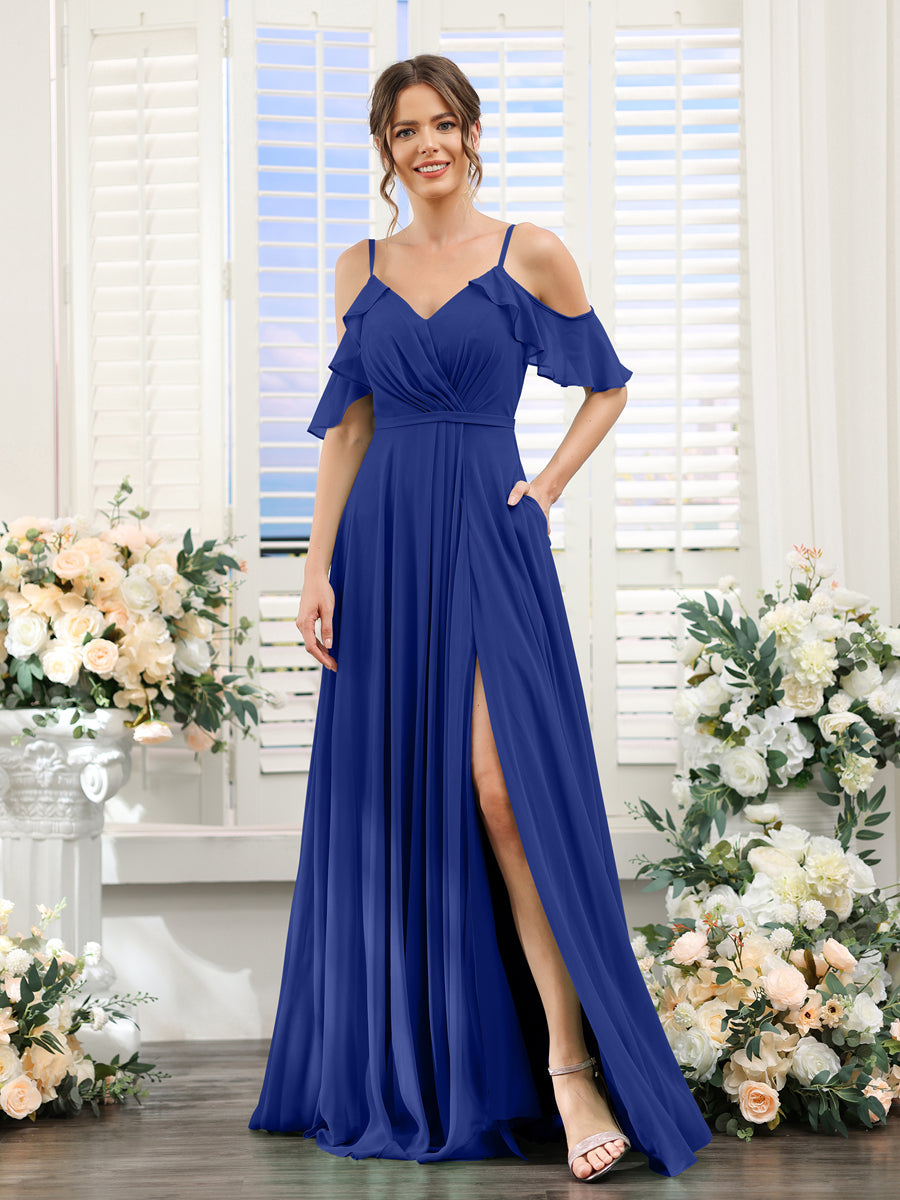 A-Line V-Neck Spaghetti Straps Short Sleeves Split Side Chiffon Bridesmaid Dresses Dark Royal Blue
