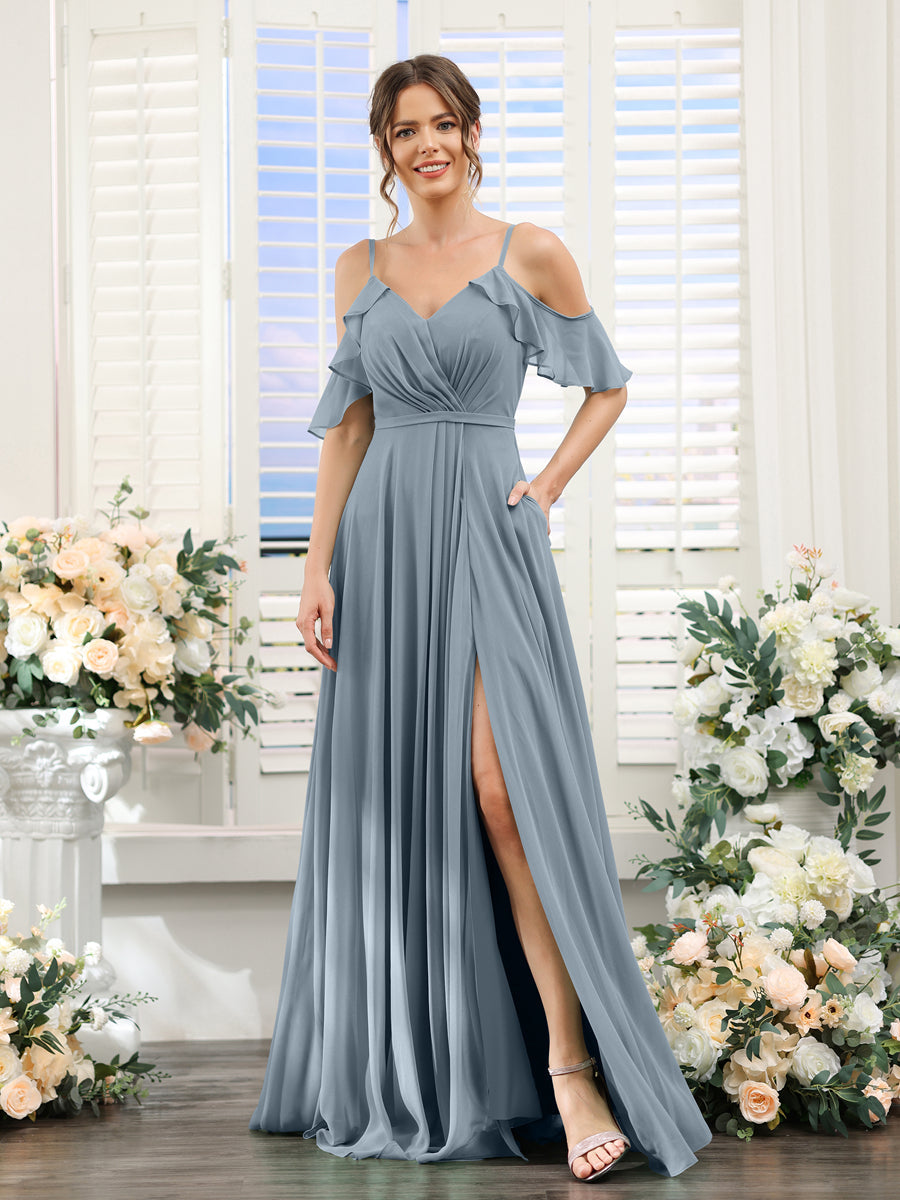 A-Line V-Neck Spaghetti Straps Short Sleeves Split Side Chiffon Bridesmaid Dresses Dusty Blue