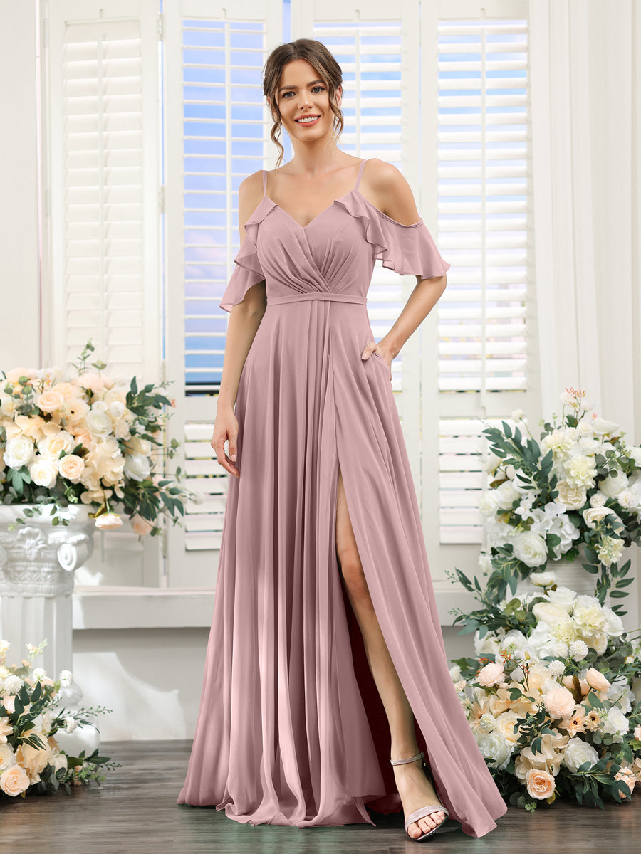 A-Line V-Neck Spaghetti Straps Short Sleeves Split Side Chiffon Bridesmaid Dresses Dusty Pink