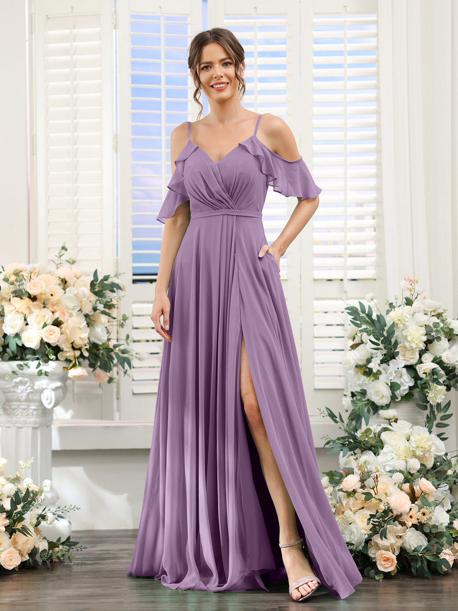 A-Line V-Neck Spaghetti Straps Short Sleeves Split Side Chiffon Bridesmaid Dresses Dusty Purple