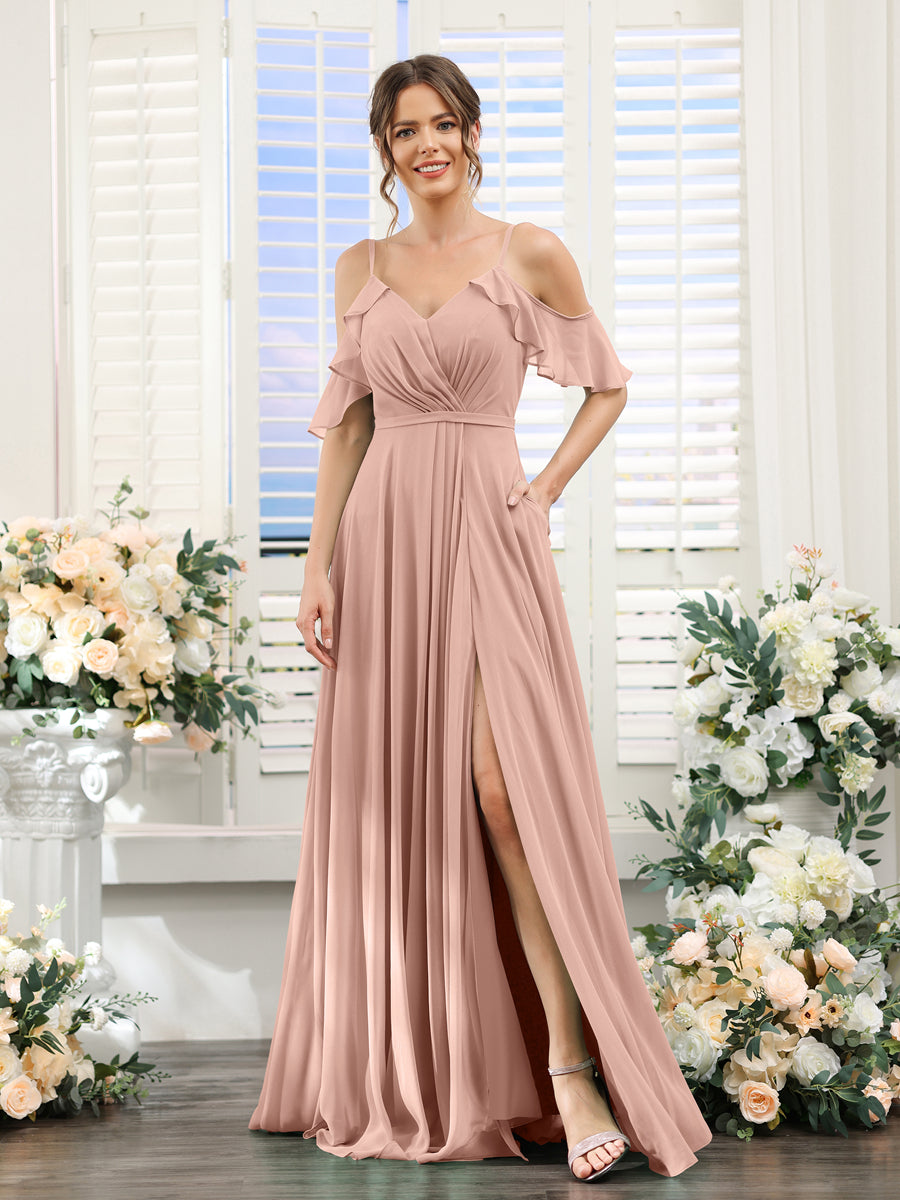 A-Line V-Neck Spaghetti Straps Short Sleeves Split Side Chiffon Bridesmaid Dresses Dusty Rose