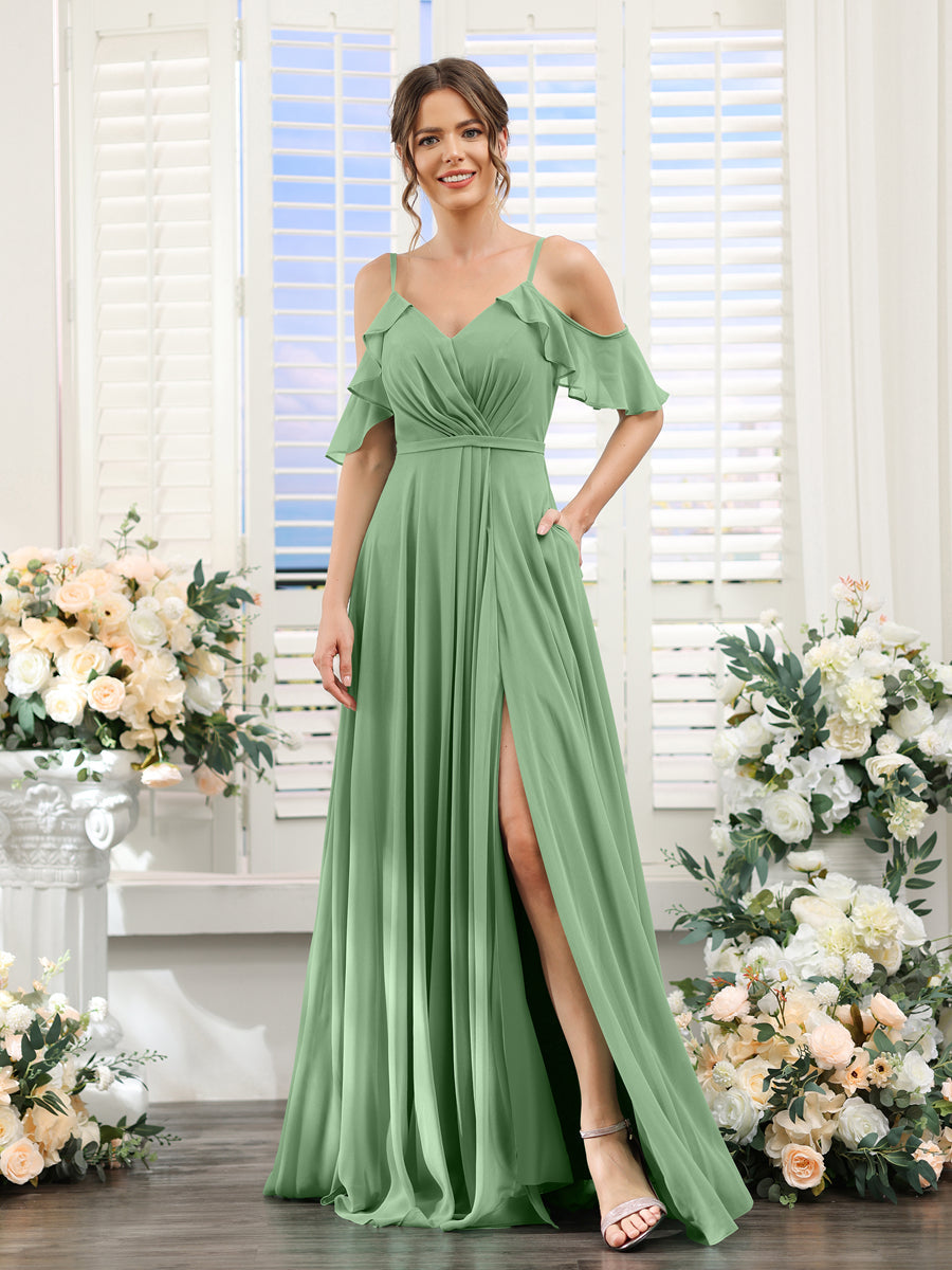 A-Line V-Neck Spaghetti Straps Short Sleeves Split Side Chiffon Bridesmaid Dresses Dusty Sage
