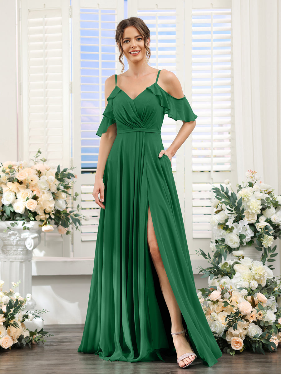 A-Line V-Neck Spaghetti Straps Short Sleeves Split Side Chiffon Bridesmaid Dresses Emerald