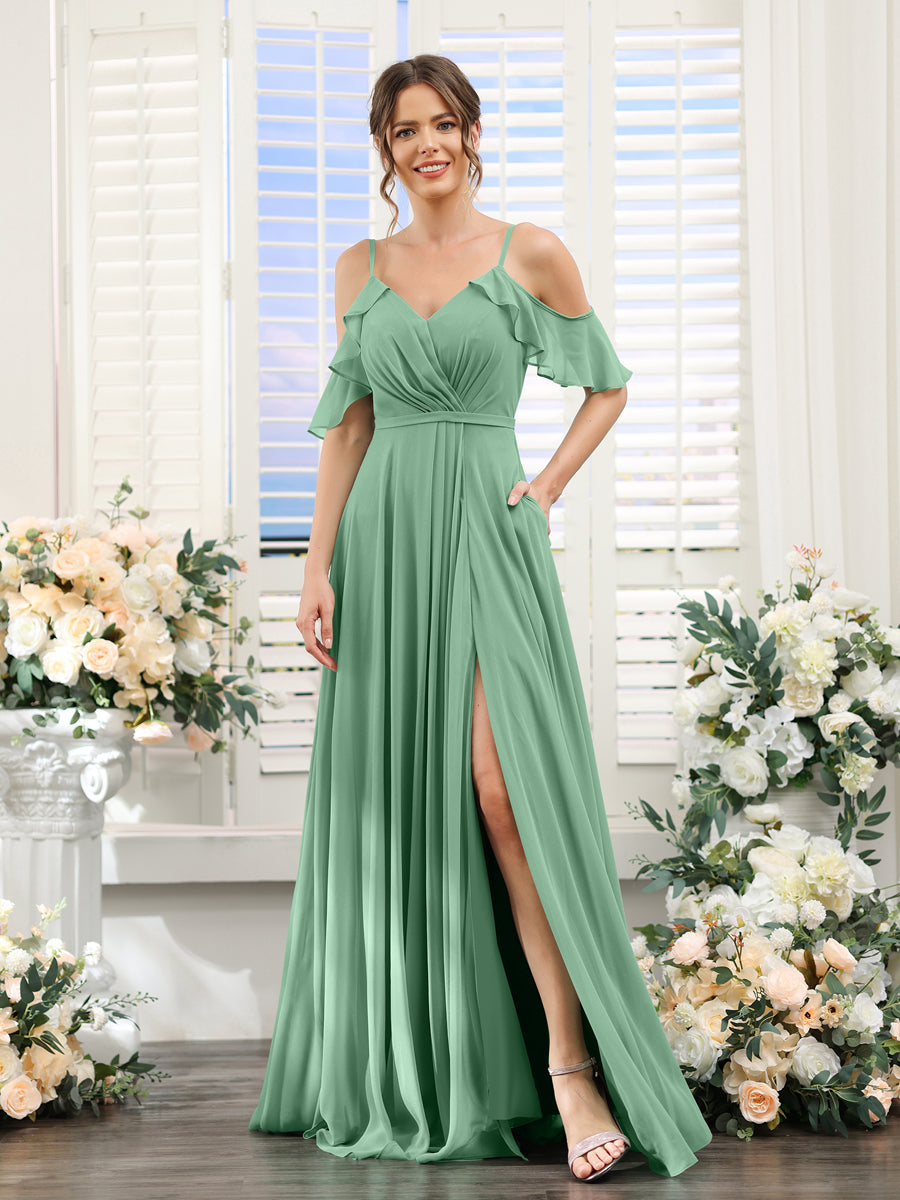 A-Line V-Neck Spaghetti Straps Short Sleeves Split Side Chiffon Bridesmaid Dresses Eucalyptus