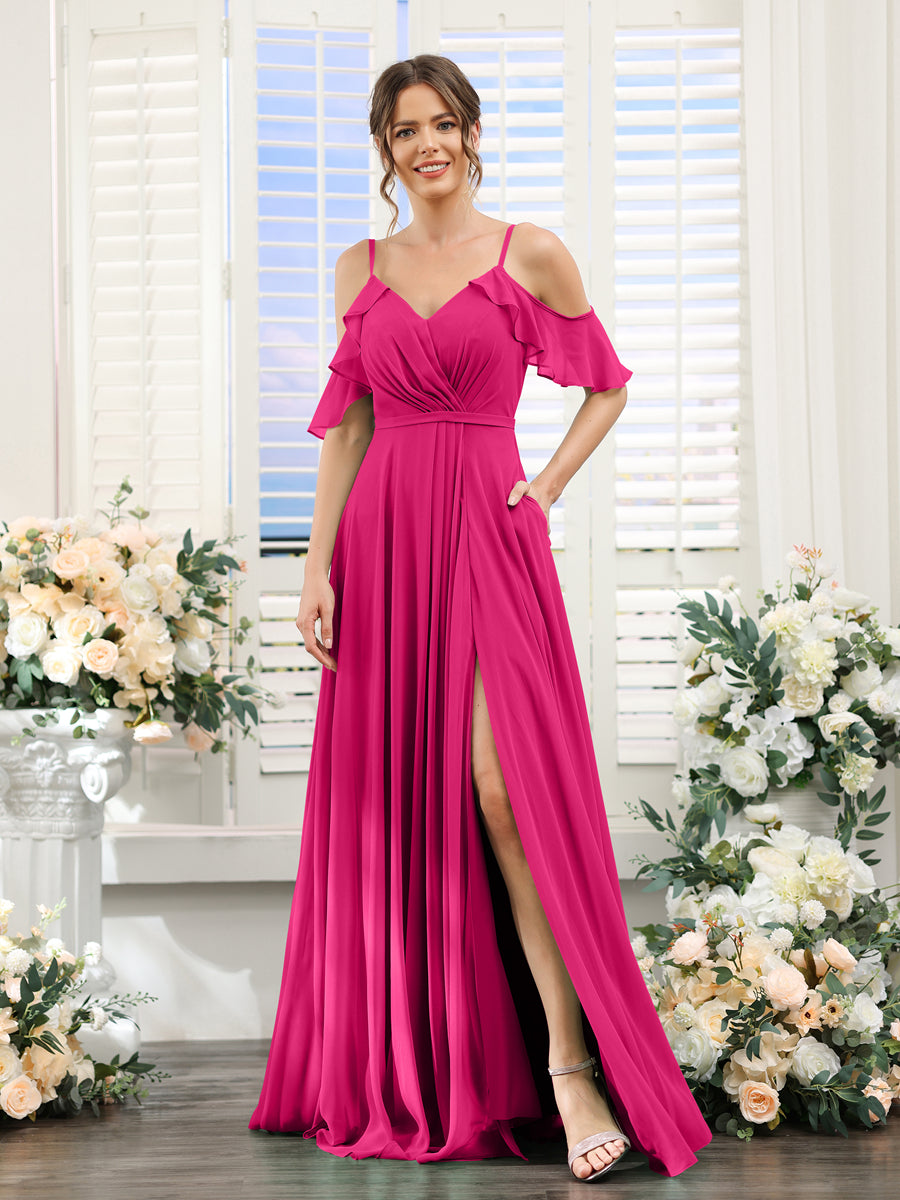 A-Line V-Neck Spaghetti Straps Short Sleeves Split Side Chiffon Bridesmaid Dresses Fuchsia Pink