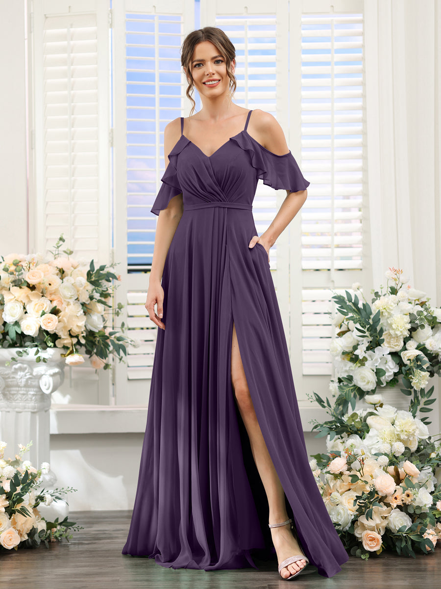 A-Line V-Neck Spaghetti Straps Short Sleeves Split Side Chiffon Bridesmaid Dresses Grape