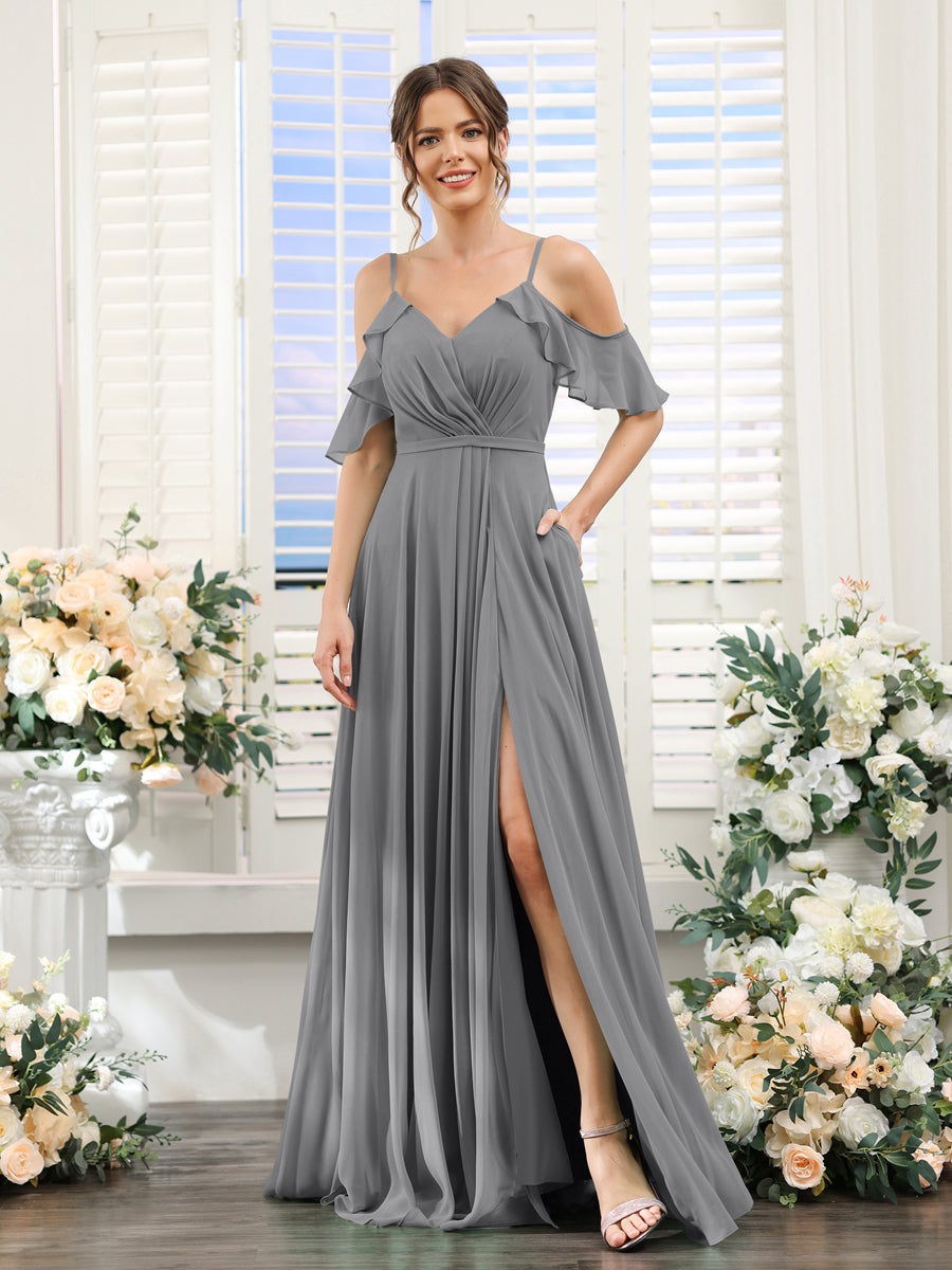 A-Line V-Neck Spaghetti Straps Short Sleeves Split Side Chiffon Bridesmaid Dresses Gray