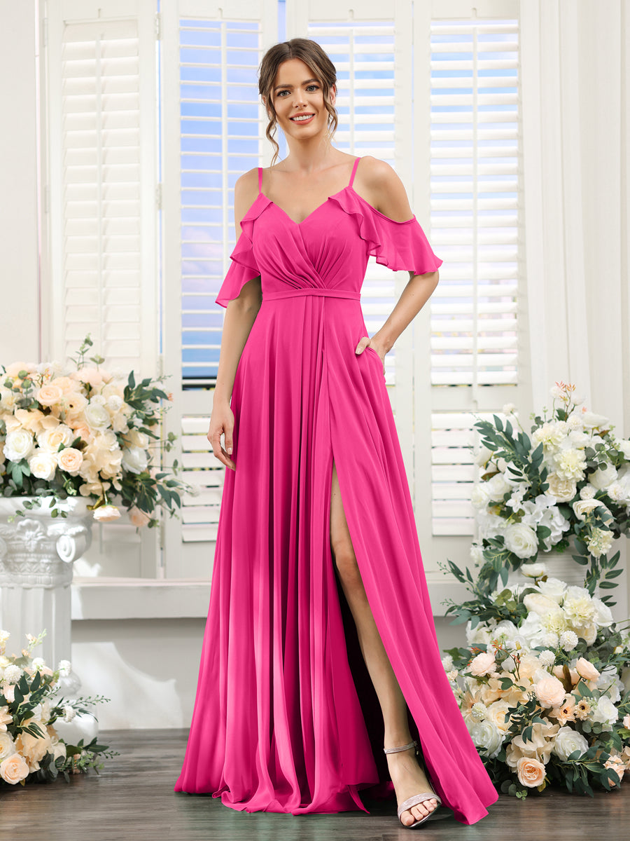 A-Line V-Neck Spaghetti Straps Short Sleeves Split Side Chiffon Bridesmaid Dresses Hot Pink