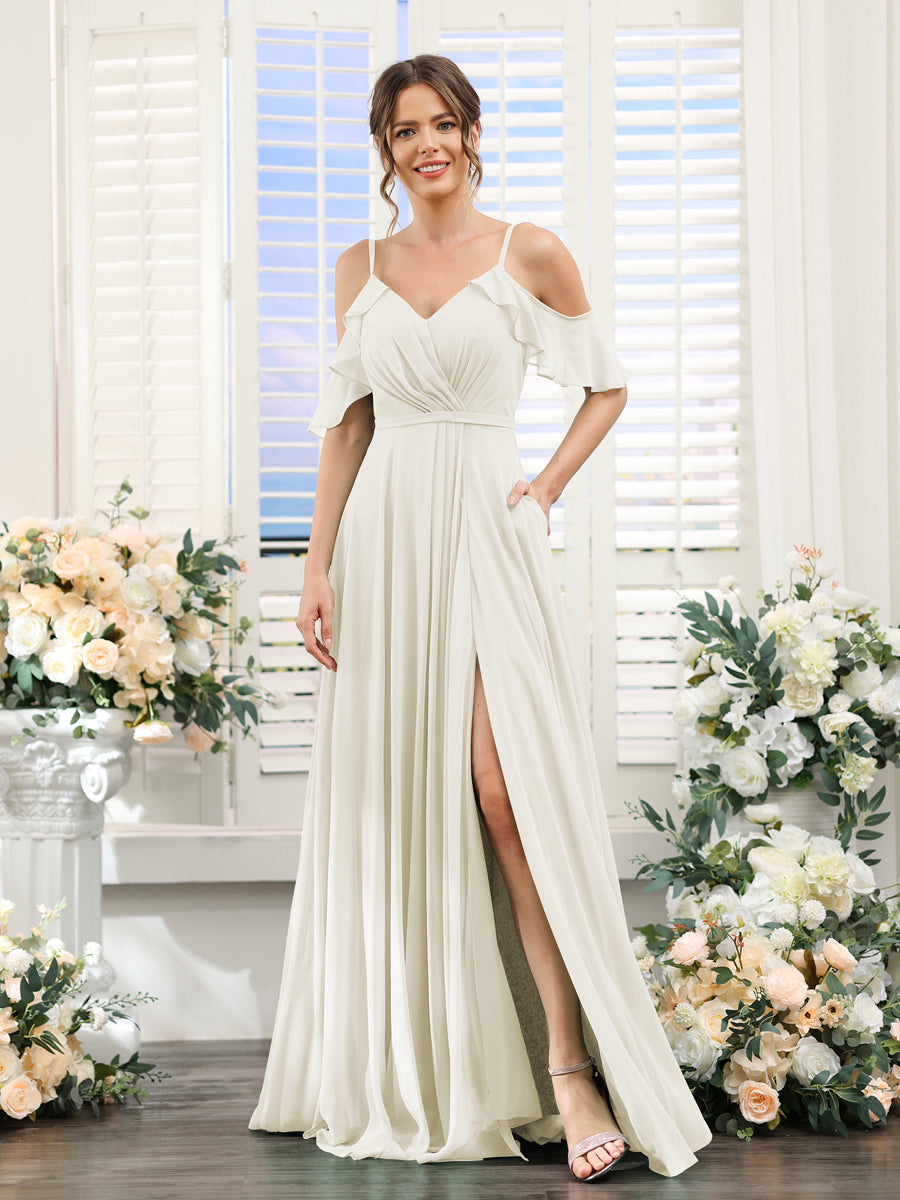 A-Line V-Neck Spaghetti Straps Short Sleeves Split Side Chiffon Bridesmaid Dresses Ivory