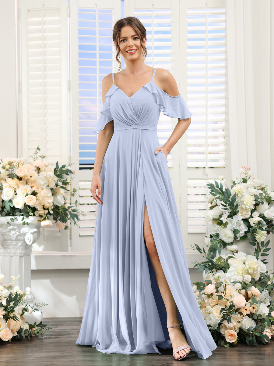 A-Line V-Neck Spaghetti Straps Short Sleeves Split Side Chiffon Bridesmaid Dresses Lavender