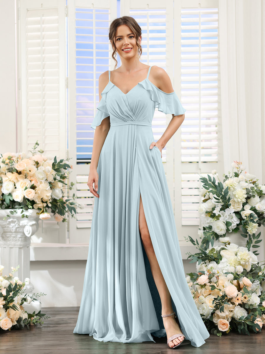 A-Line V-Neck Spaghetti Straps Short Sleeves Split Side Chiffon Bridesmaid Dresses Light Blue