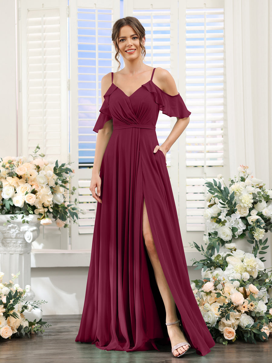 A-Line V-Neck Spaghetti Straps Short Sleeves Split Side Chiffon Bridesmaid Dresses Light Burgundy