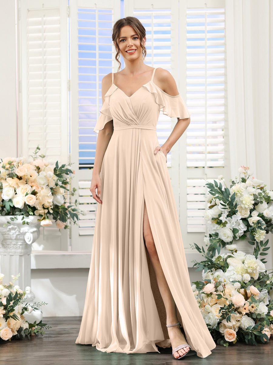A-Line V-Neck Spaghetti Straps Short Sleeves Split Side Chiffon Bridesmaid Dresses Light Champagne