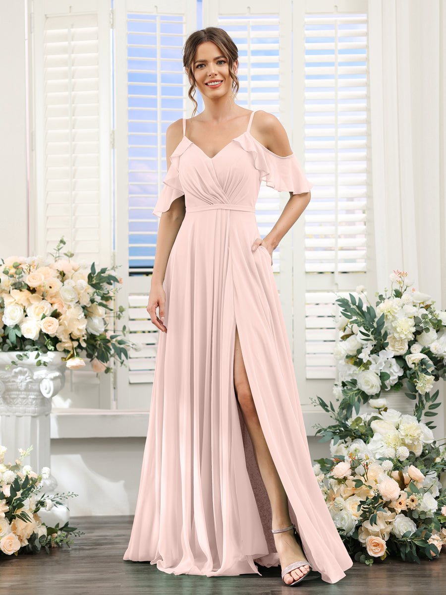 A-Line V-Neck Spaghetti Straps Short Sleeves Split Side Chiffon Bridesmaid Dresses Light Pink