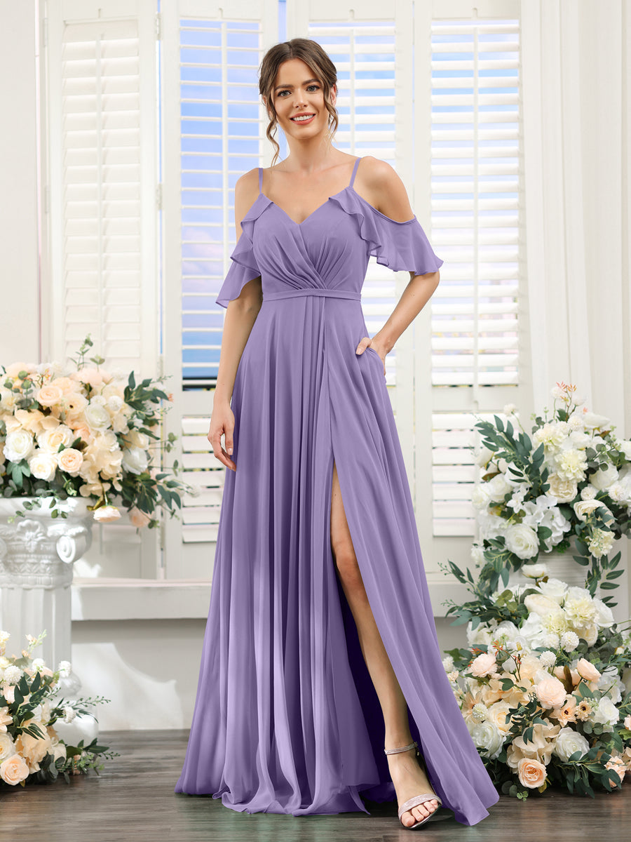 A-Line V-Neck Spaghetti Straps Short Sleeves Split Side Chiffon Bridesmaid Dresses Light Purple