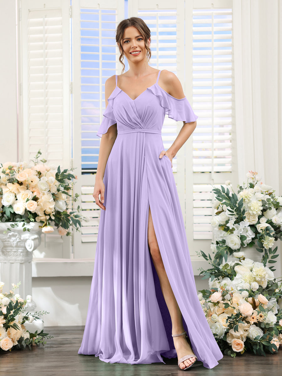 A-Line V-Neck Spaghetti Straps Short Sleeves Split Side Chiffon Bridesmaid Dresses Lilac