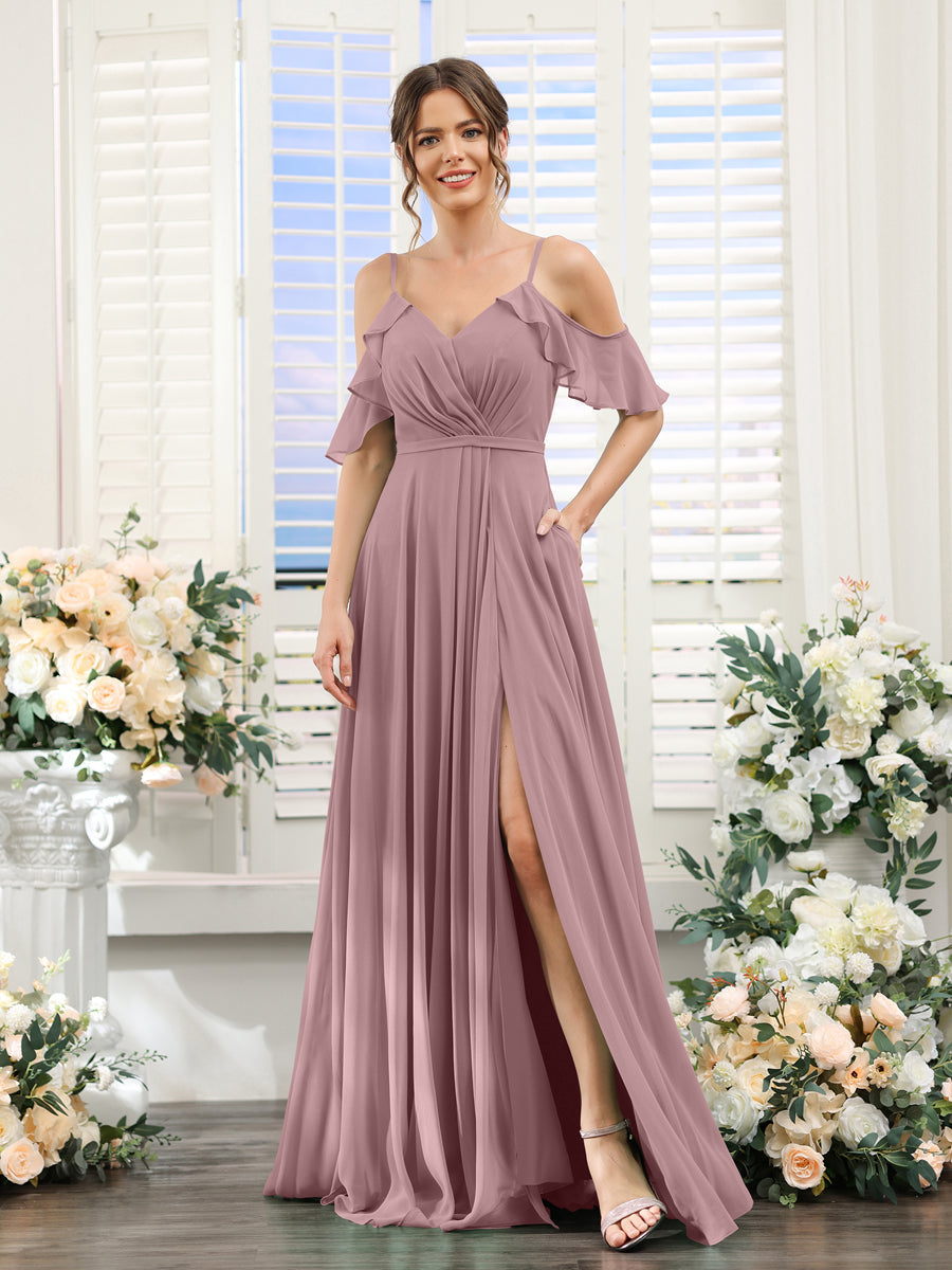 A-Line V-Neck Spaghetti Straps Short Sleeves Split Side Chiffon Bridesmaid Dresses Mauve
