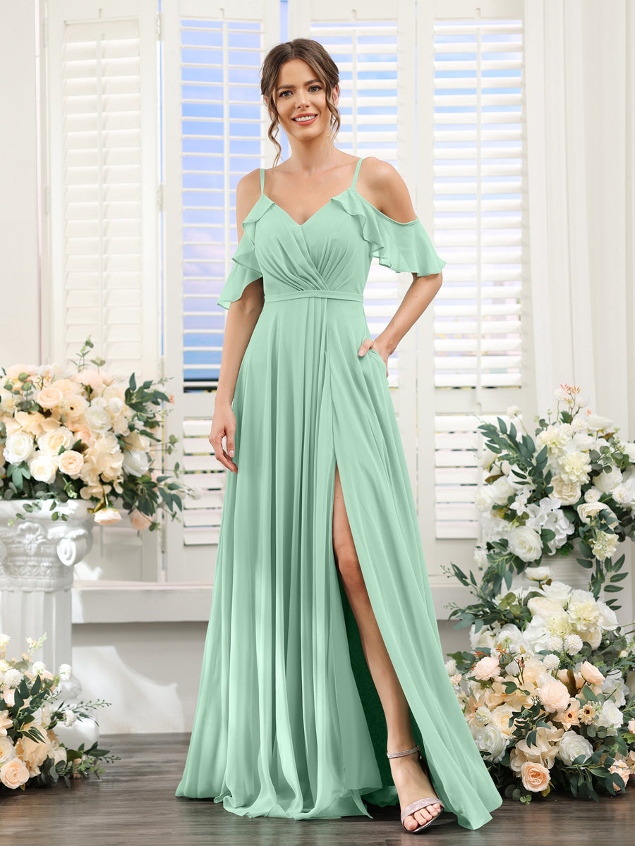 A-Line V-Neck Spaghetti Straps Short Sleeves Split Side Chiffon Bridesmaid Dresses Mint Green