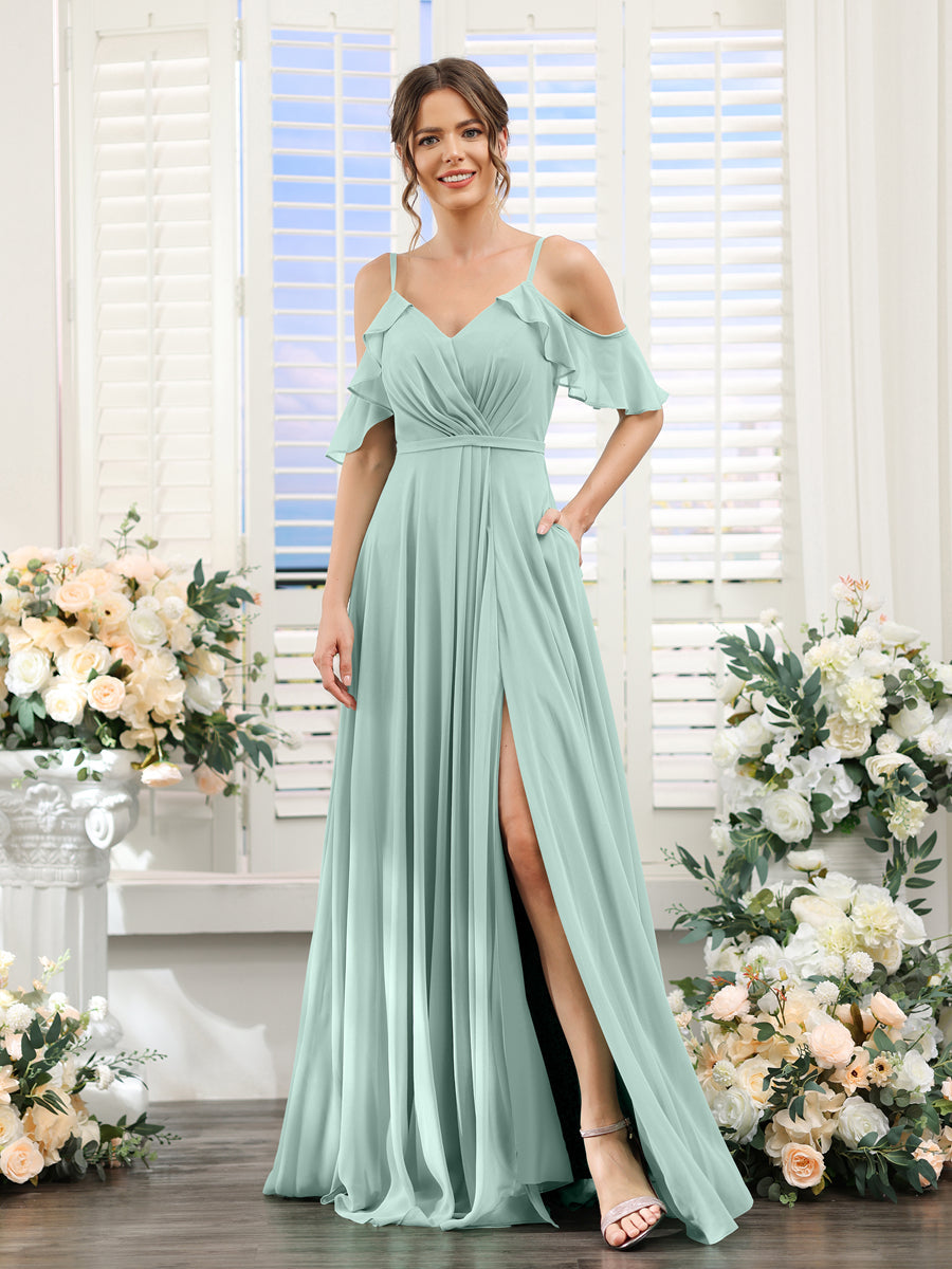 A-Line V-Neck Spaghetti Straps Short Sleeves Split Side Chiffon Bridesmaid Dresses Mist Blue