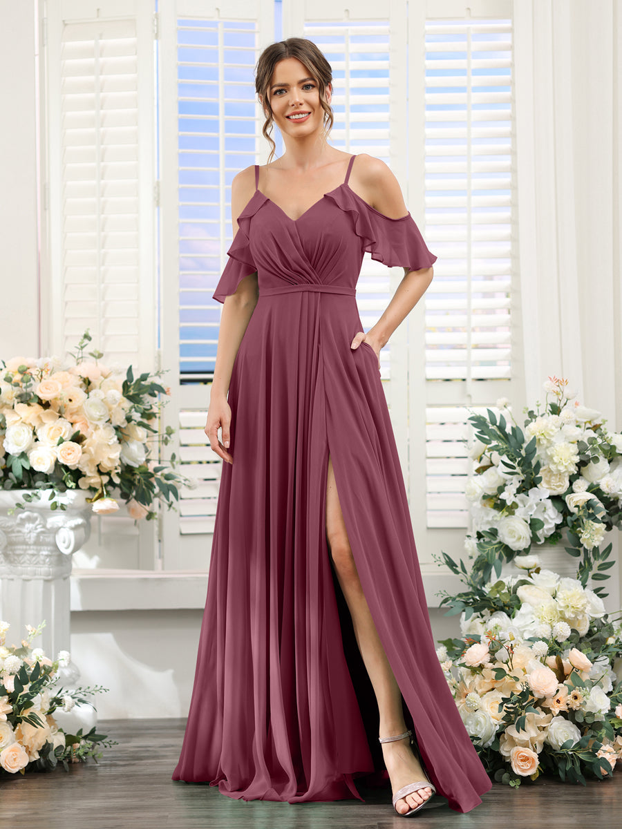A-Line V-Neck Spaghetti Straps Short Sleeves Split Side Chiffon Bridesmaid Dresses Mulberry